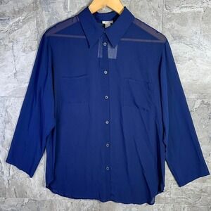 Calvin‎ Klein Blue sheer mesh long sleeve button up blouse 3/4 sleeve women S